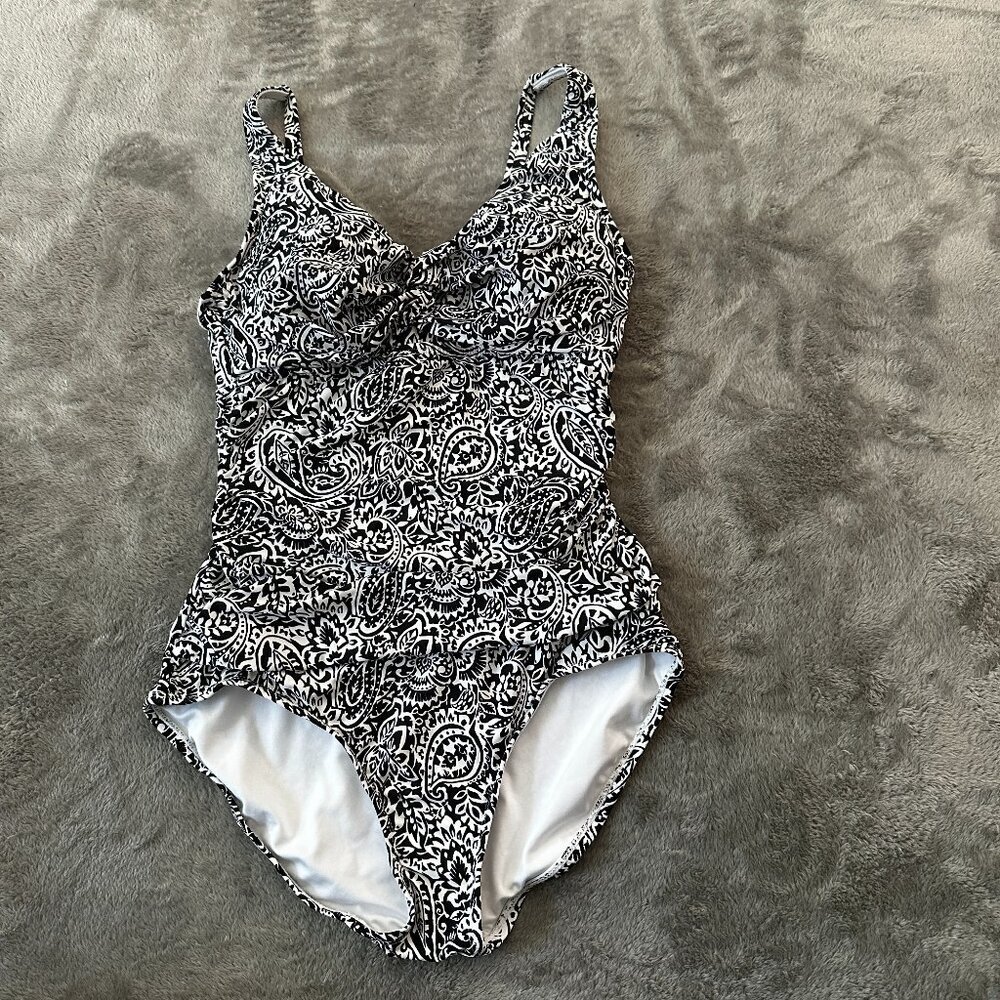 Lands' End One Piece Swimsuit SMALL Black White Modest